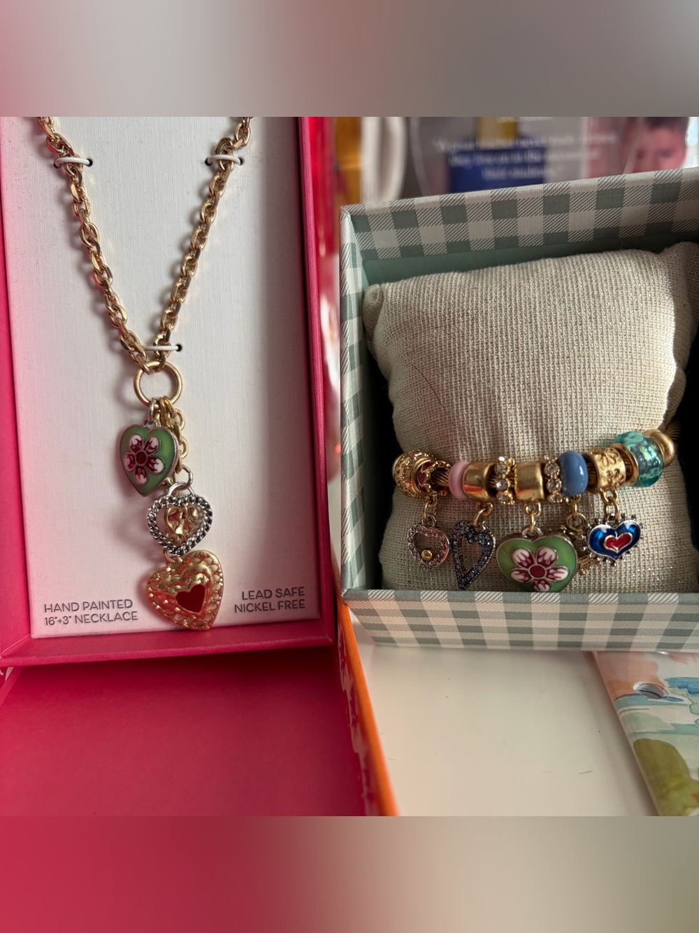 Piper K Gold-Tone Heart Charms Necklace with Matching Adjustable Bracelet